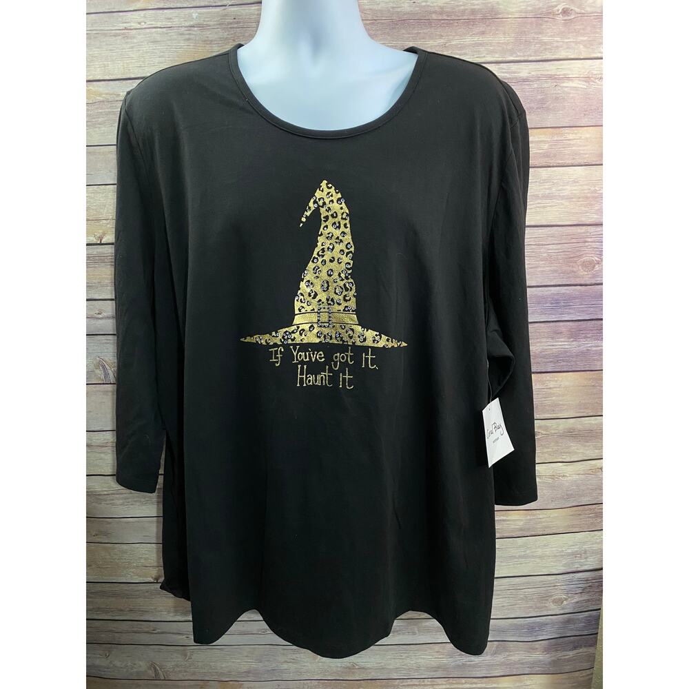 Coral Bay Halloween Tee Size 3X Black Gold Glitter Wizard Hat Stars Plus